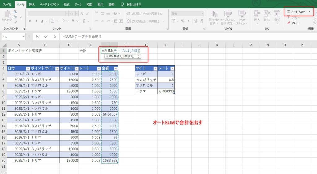オートSUMで合計を出す画像