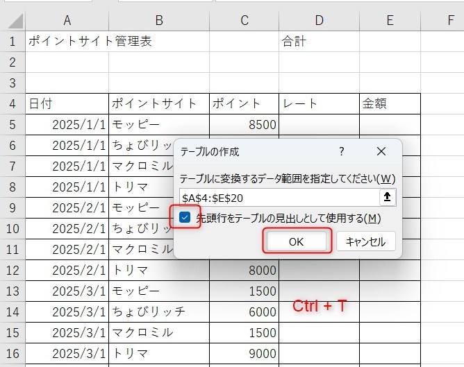 表をテーブル化にするためのショートカット画像