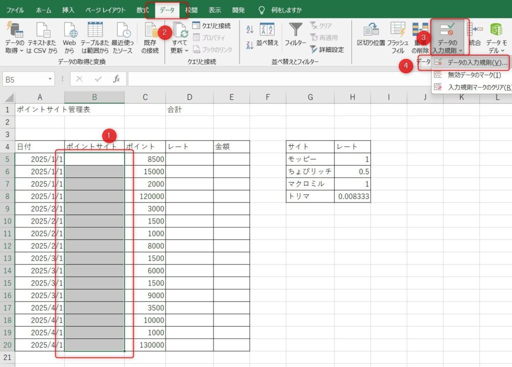 データの入力規則でプルダウン設定を表した画像
