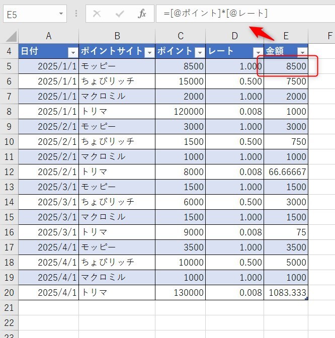 金額の計算式を入力した画像