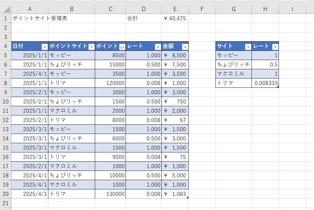 ポイントサイト管理表の完成図