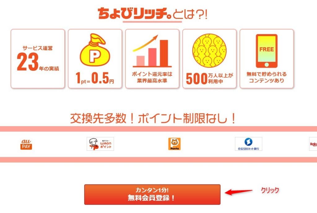 ちょびリッチの無料簡単登録画面