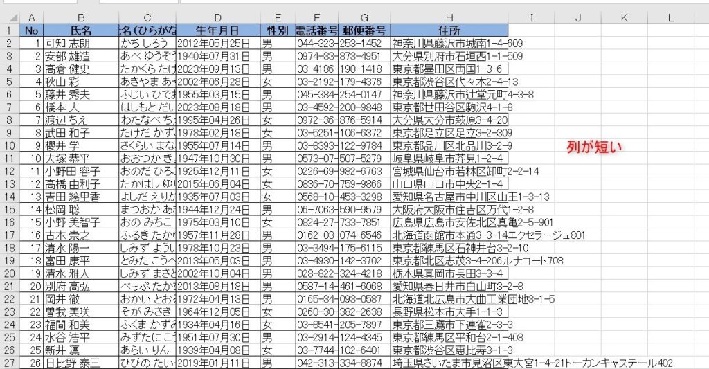 表の列が短い例を示した画像