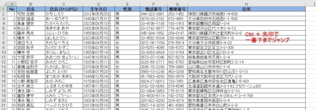 Excel便意技。Ctrl+矢印で一番端まで移動ができる様子を表した画像