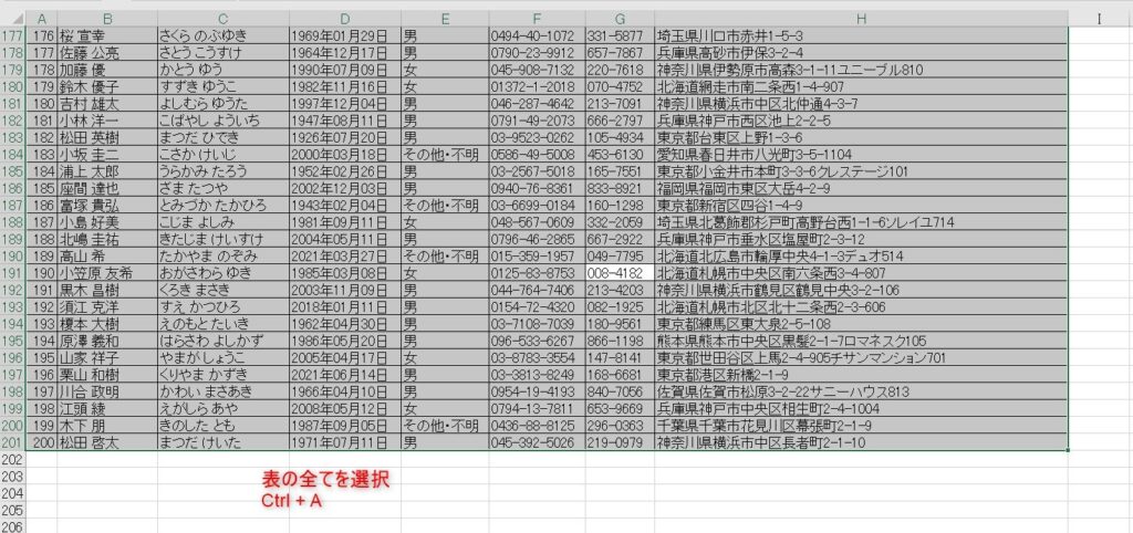 Excel便利技。表を全て選択する方法を画像で解説