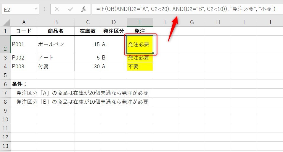 OR関数とAND関数の組み合わせで在庫数と発注区分の完成図