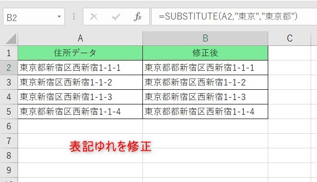 応用編としてバラバラな住所データを関数を使って直した図