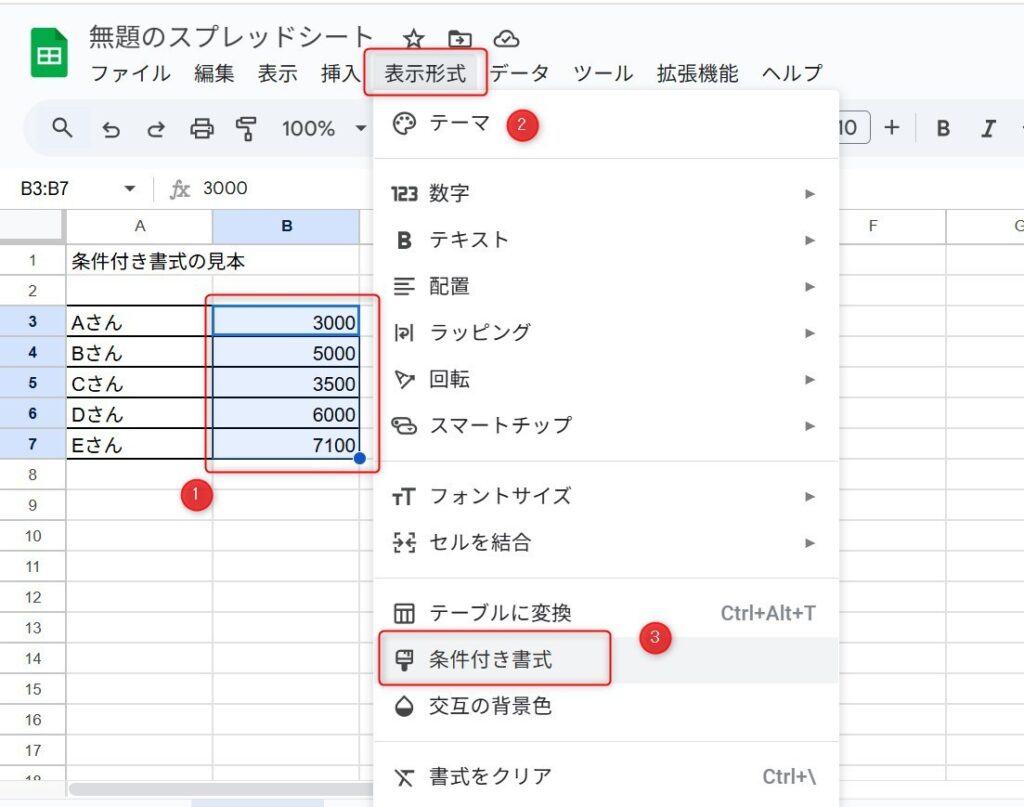スプレッドシートの条件付き書式設定方法を画像で解説。表示形式から条件付き書式を選択した画像