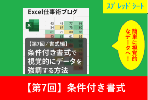 Excelの条件付き書式で数値データを色分けしたスプレッドシートと「【第7回／書式編】条件付き書式で視覚的にデータを強調する方法」という記事タイトル