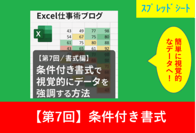 Excelの条件付き書式で数値データを色分けしたスプレッドシートと「【第7回／書式編】条件付き書式で視覚的にデータを強調する方法」という記事タイトル