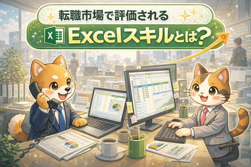 電話対応をしながらExcelで集計・分析を行う事務職の実務イメージイラスト