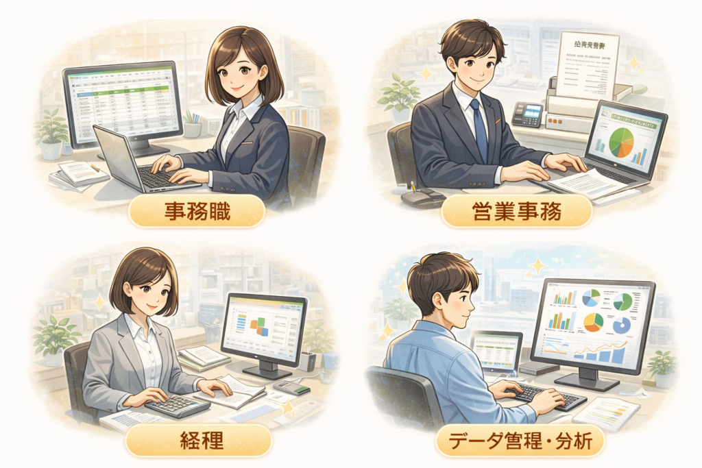 Excelスキルを活かせる仕事(事務職・営業事務・経理・データ分析)を紹介するイラスト