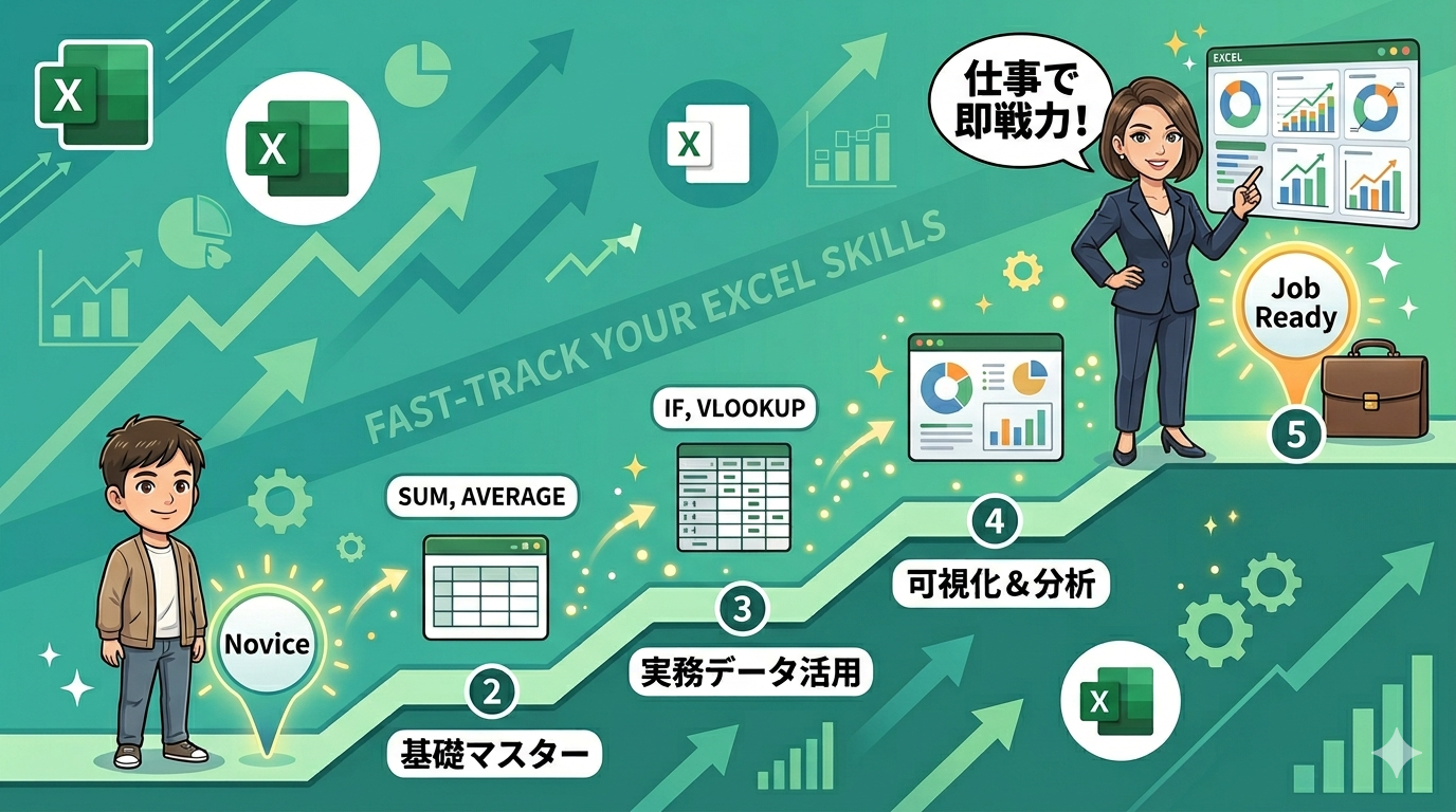Excelスキル向上のためのロードマップを示すインフォグラフィック。初心者から実務で即戦力になるまでの5つのステップを表している