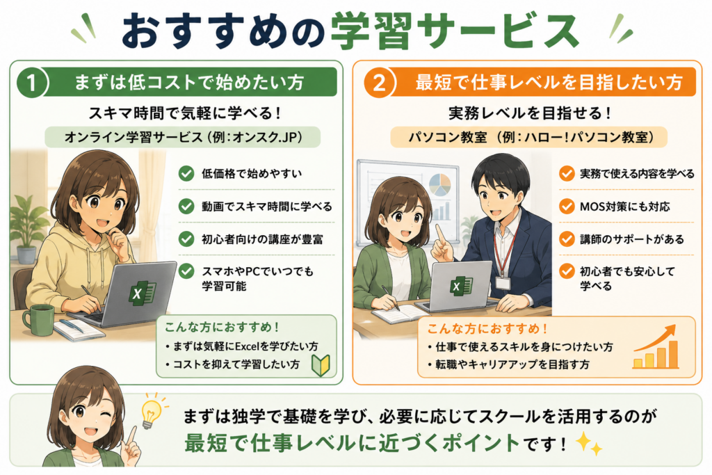 Excel学習サービスを比較した図解。独学向けオンライン学習と実務向けパソコン教室の違いをアニメ風で解説した画像。