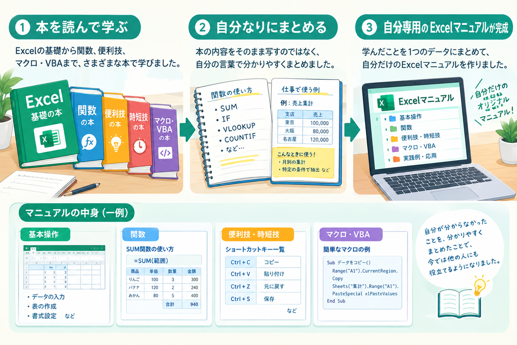Excelの本で学んだ内容を自分専用のExcelマニュアルにまとめた図解