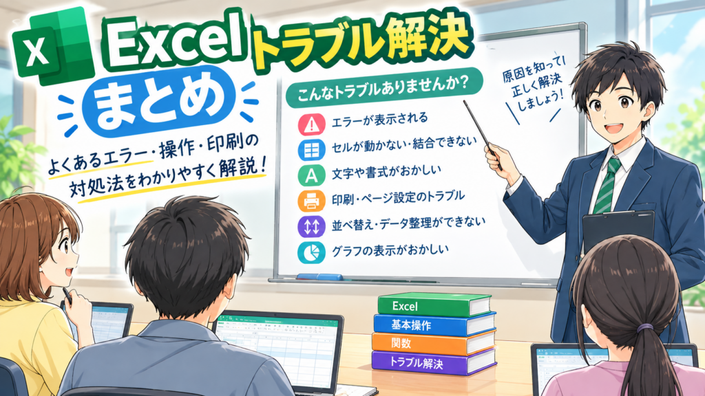 Excelトラブル解決まとめでよくあるエラーや操作・印刷トラブルを解説する授業風の図解