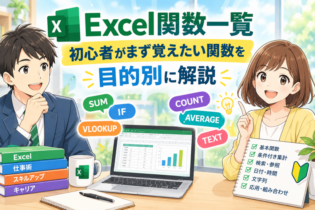 Excel関数一覧を初心者向けに目的別で解説するイメージ画像